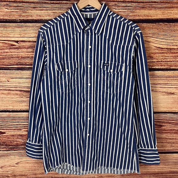 Vintage 1990s Wrangler Brushpopper Pinstripe Denim Pearl Snap Shirt - Picture 2 of 8